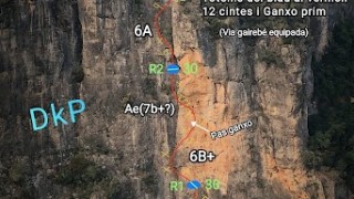 Mucho blibli, poco blabla, 6b+/A0 (90 m), Paret del davant, Sector Aiguabarreig, Sòcol del Mont-roig